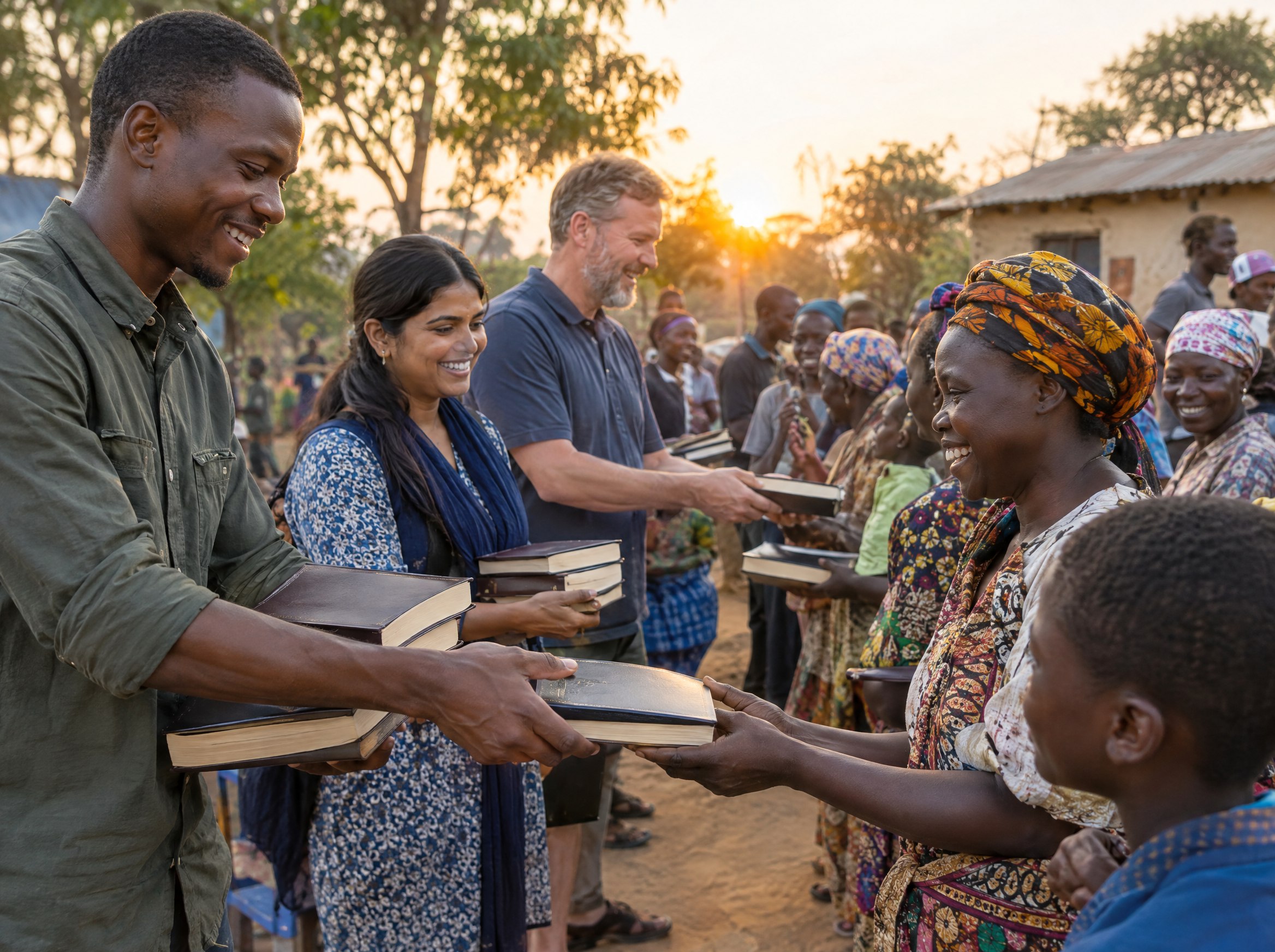 Volunteers handing out Bibles at an outdoor gathering