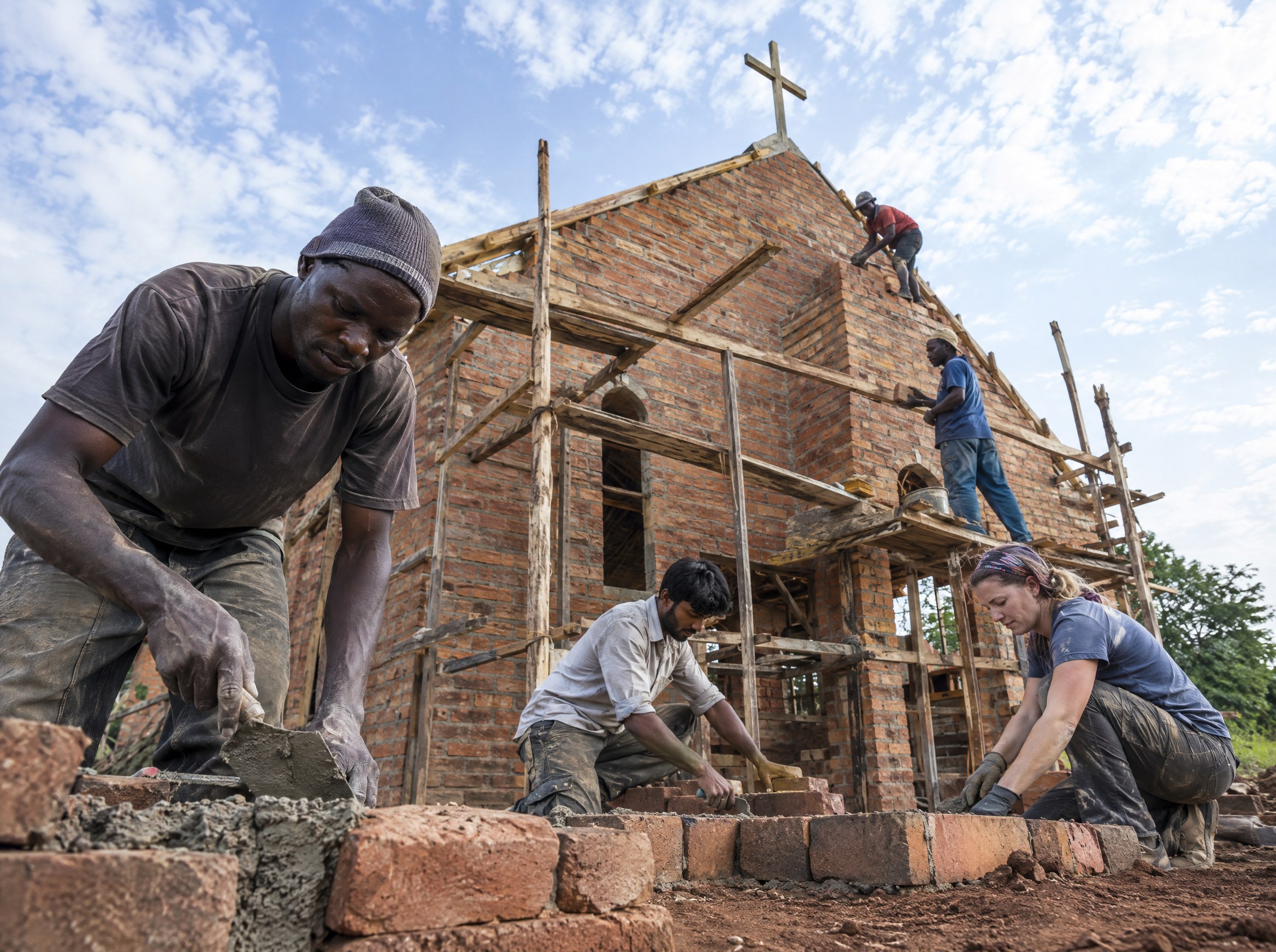 Builders at work on a community church building